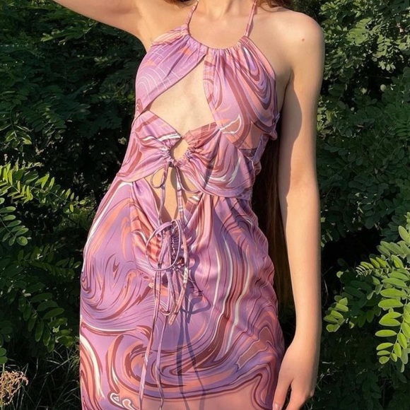 💛 Pink and Purple Swirl Drawstring Dress - Picture 2 of 7